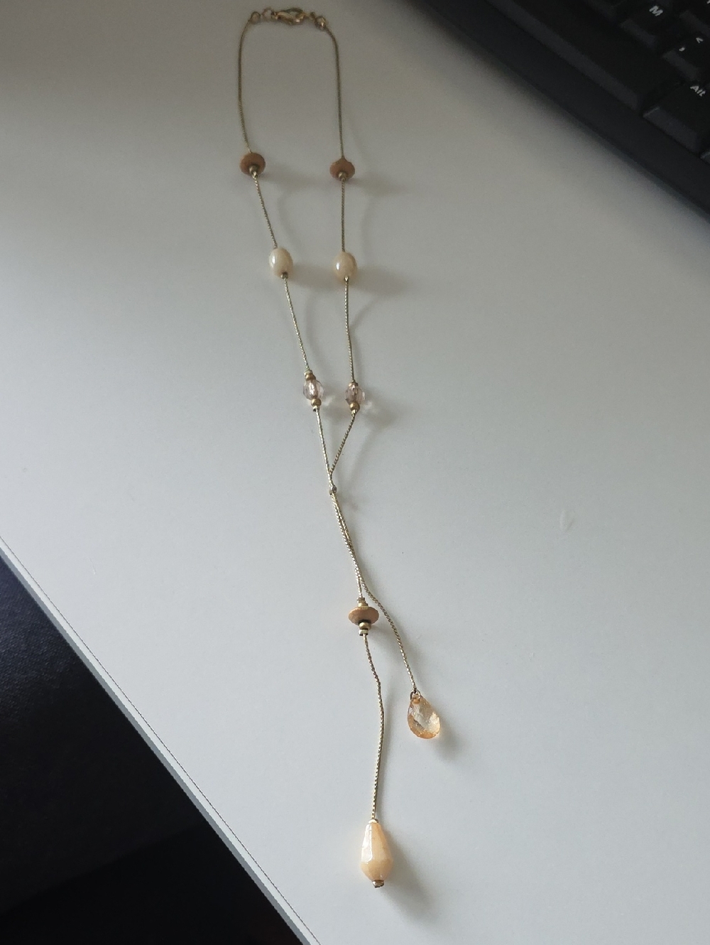 Delicate Cream & Gold Tone Long Y-Necklace